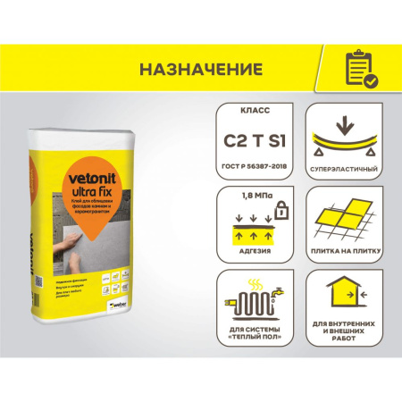Клей эластичный усиленный для облицовки Vetonit Ultra Fix, C2T S1, 25 кг